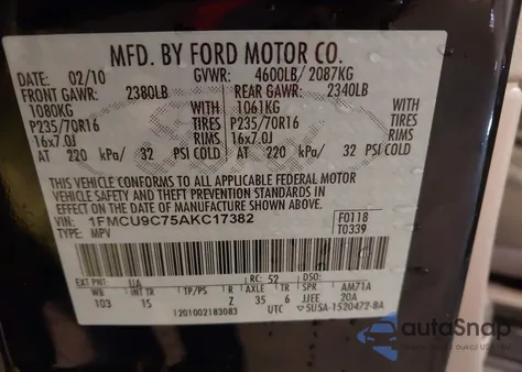 2010 Ford Escape Xls из США, поврежденный, VIN 1FMCU9C75AKC17382